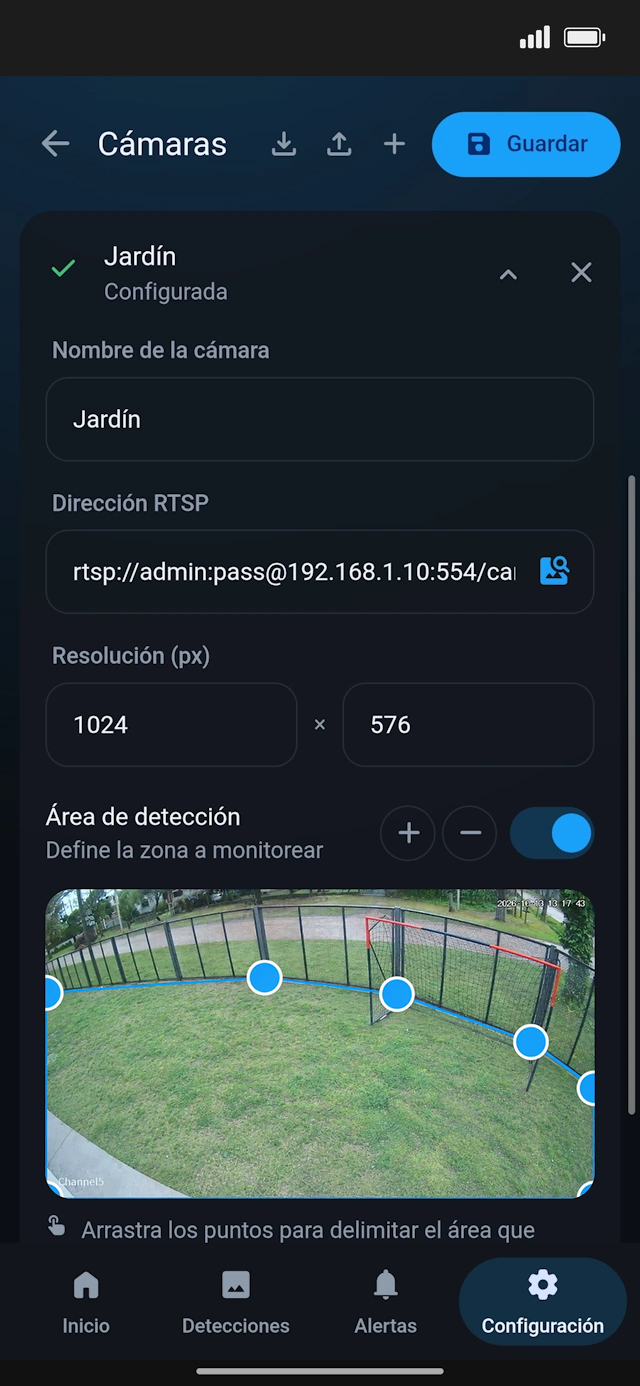 Jardín con el área de detección delimitada