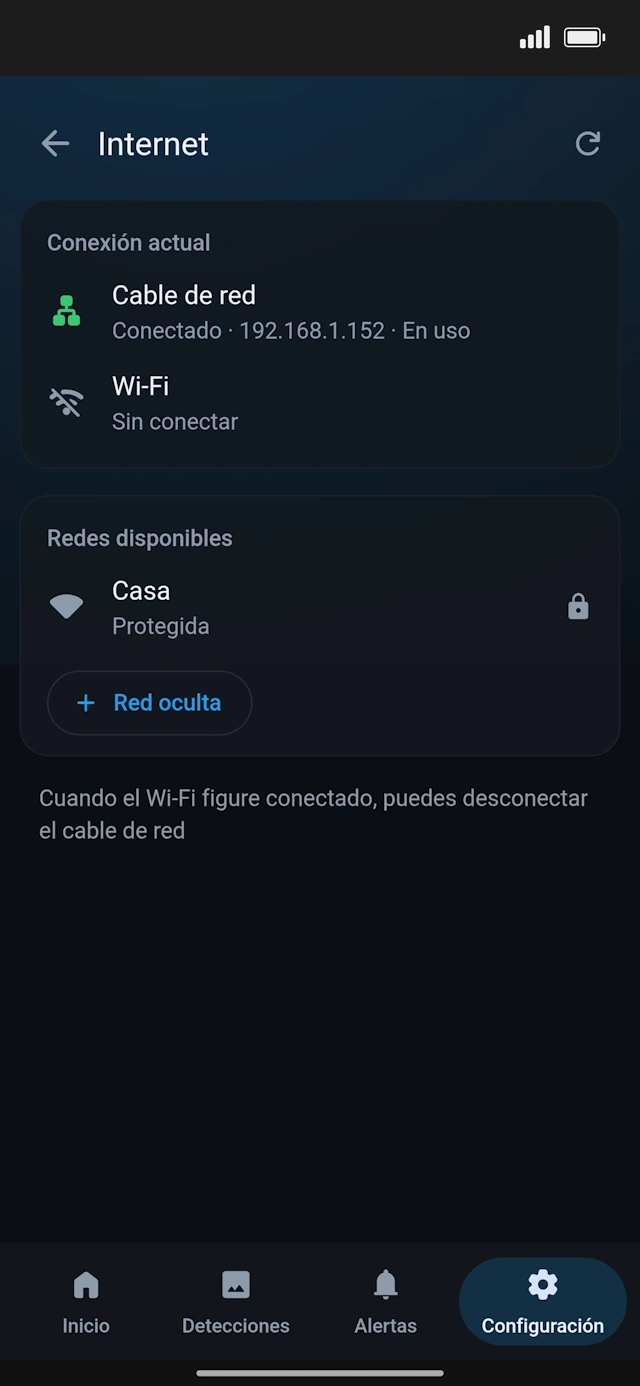 Conexión por cable y redes Wi-Fi disponibles
