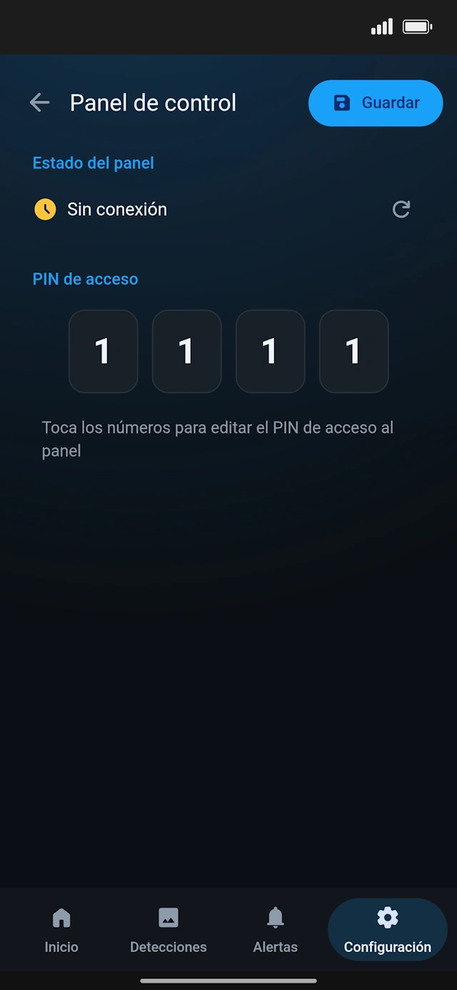 Estado y PIN del panel de control