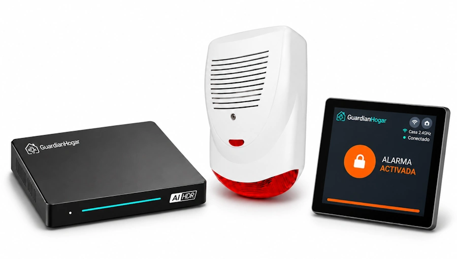 AI Box, sirena WiFi y panel de control del kit GuardianHogar