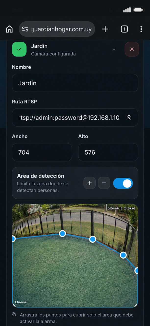 Edición del área de detección de una cámara