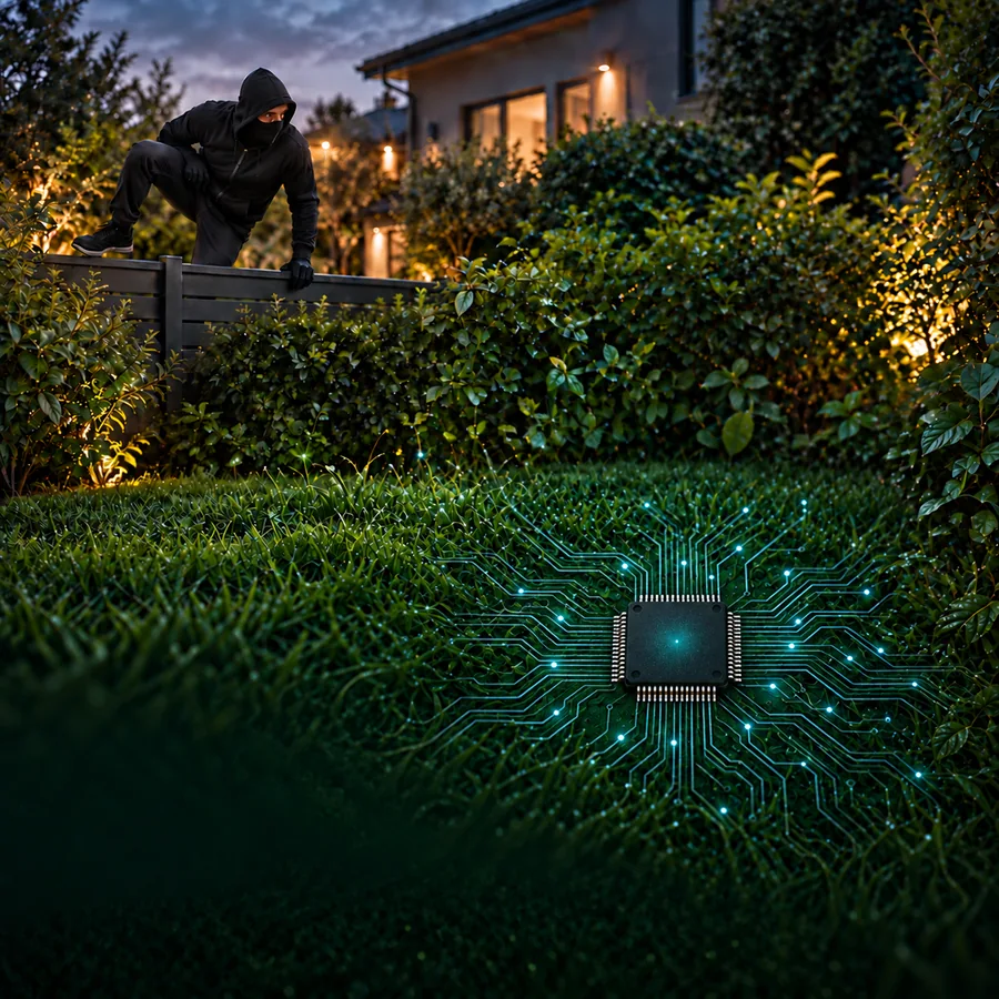 Intruso cruzando un cerco y jardín que se fusiona con un chip de inteligencia artificial